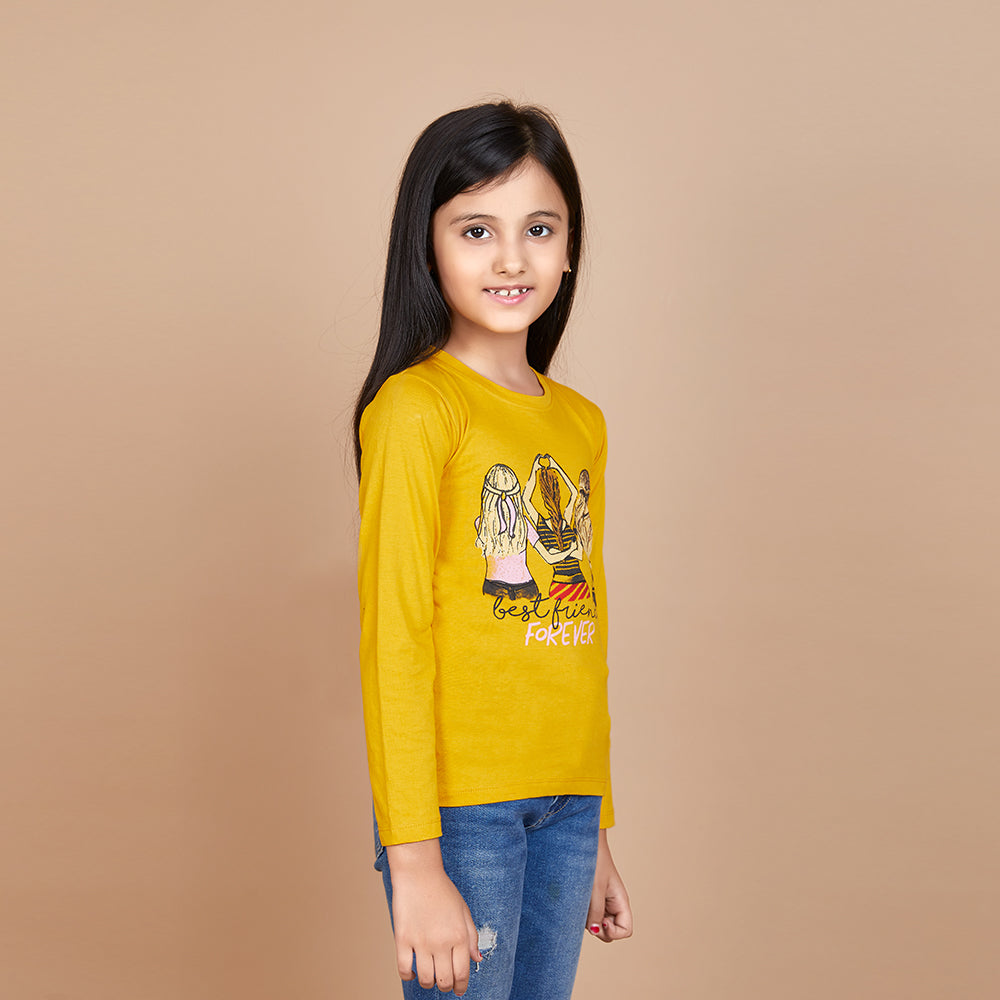Girl's Solid Designer Print Yellow Full Sleeve T-Shirt
