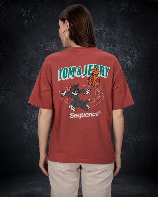 Unisex Tom & Jerry Oversized Graphic T-Shirt – Brick Red