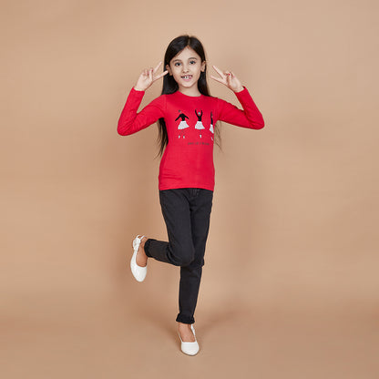 Girl's Solid Designer Print Red T-Shirt