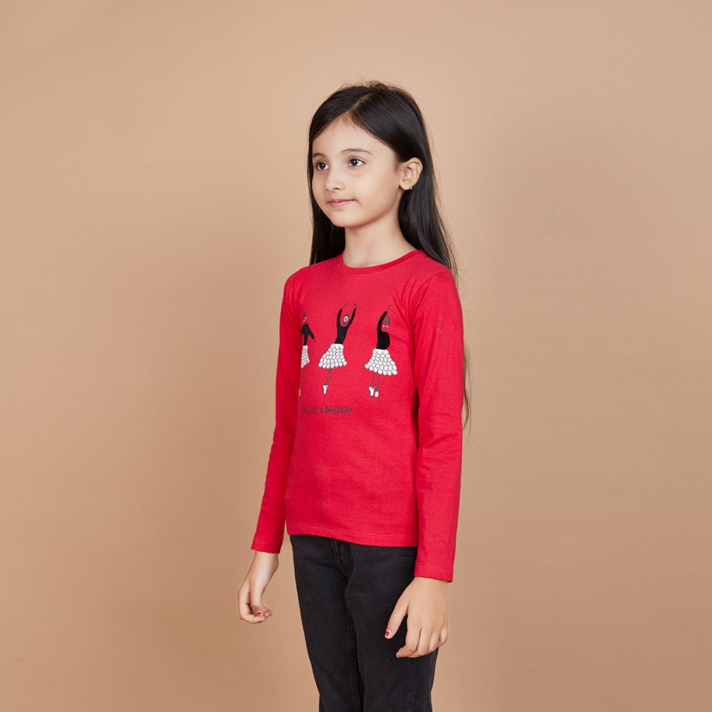 Girl's Solid Designer Print Red T-Shirt