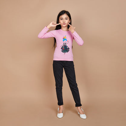 Girl's Solid Designer Print Pink Full Sleeve T-Shirt