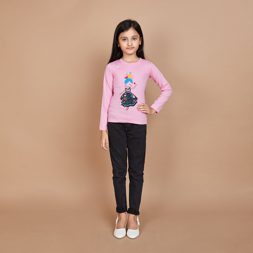 Girl's Solid Designer Print Pink Full Sleeve T-Shirt