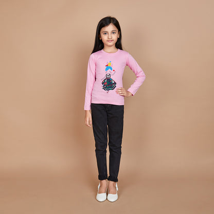 Girl's Solid Designer Print Pink Full Sleeve T-Shirt