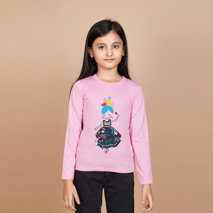 Girl's Solid Designer Print Pink Full Sleeve T-Shirt