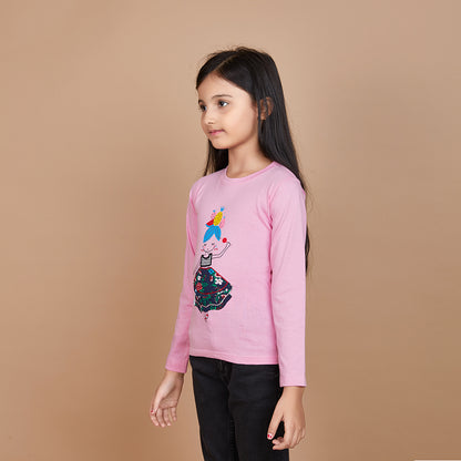 Girl's Solid Designer Print Pink Full Sleeve T-Shirt