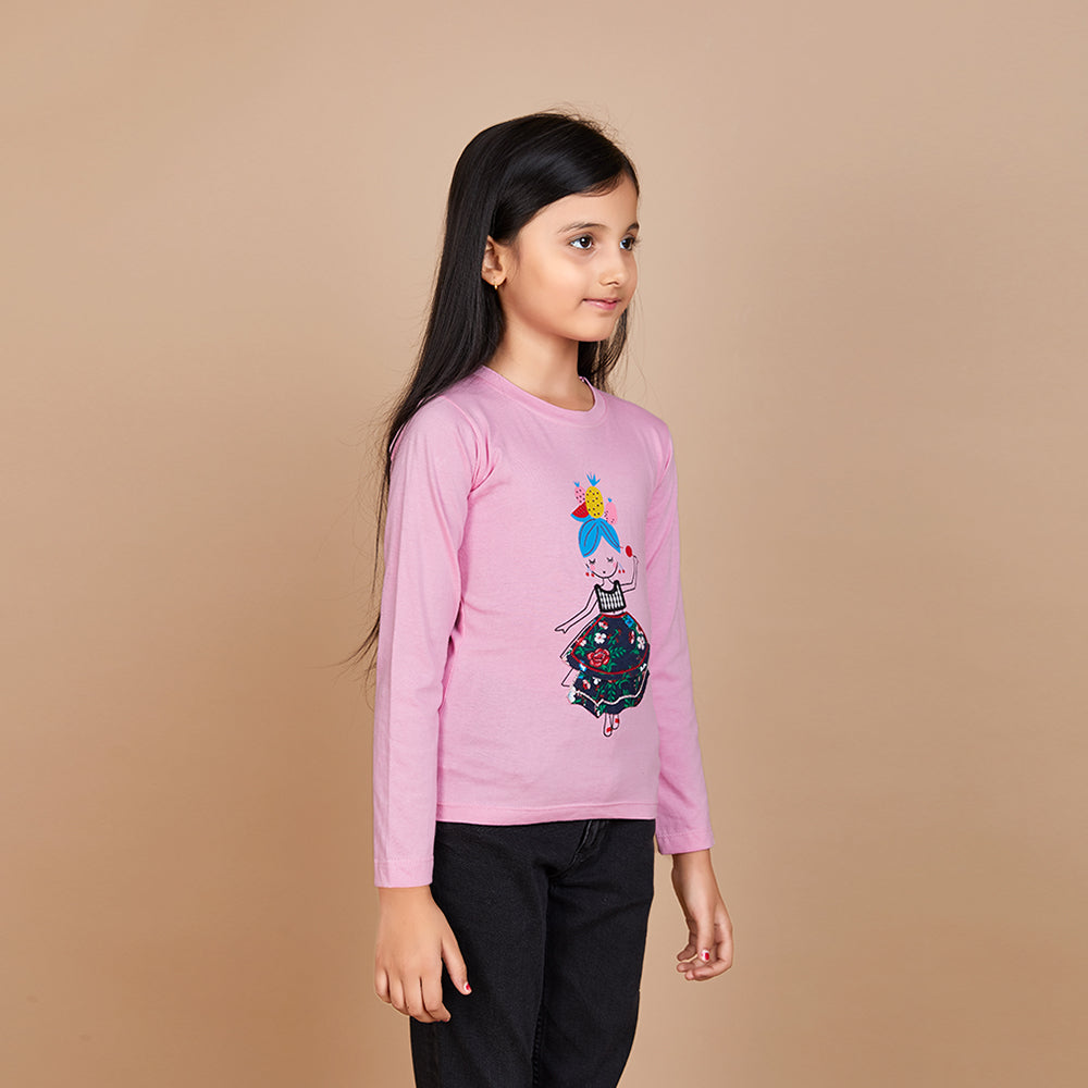 Girl's Solid Designer Print Pink Full Sleeve T-Shirt