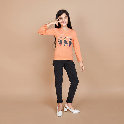 Girl's Solid Designer Print Orange Full Sleeve T-Shirt