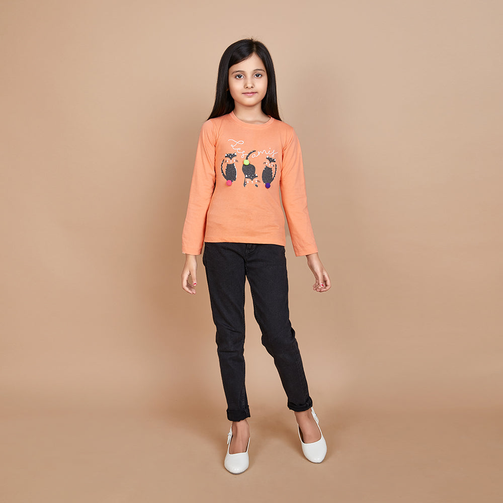 Girl's Solid Designer Print Orange Full Sleeve T-Shirt