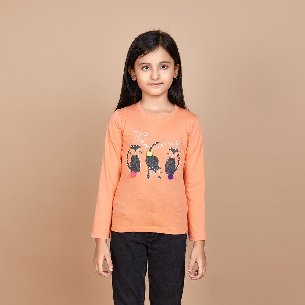 Girl's Solid Designer Print Orange Full Sleeve T-Shirt