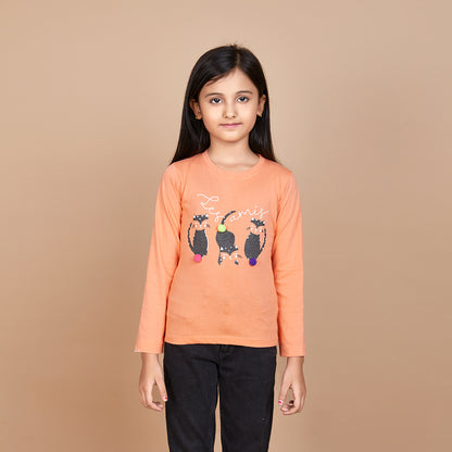 Girl's Solid Designer Print Orange Full Sleeve T-Shirt