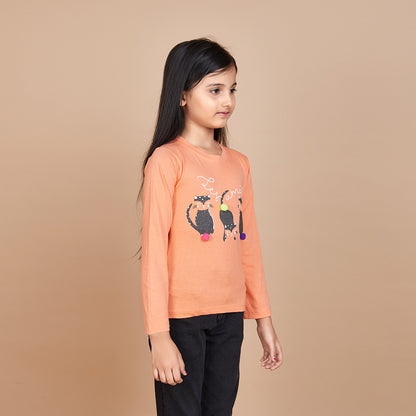 Girl's Solid Designer Print Orange Full Sleeve T-Shirt