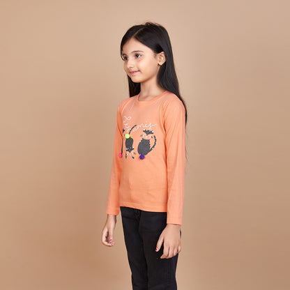 Girl's Solid Designer Print Orange Full Sleeve T-Shirt