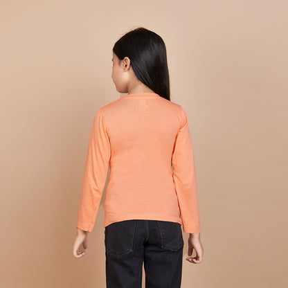 Girl's Solid Designer Print Orange Full Sleeve T-Shirt