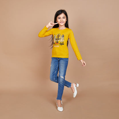 Girl's Solid Designer Print Yellow Full Sleeve T-Shirt