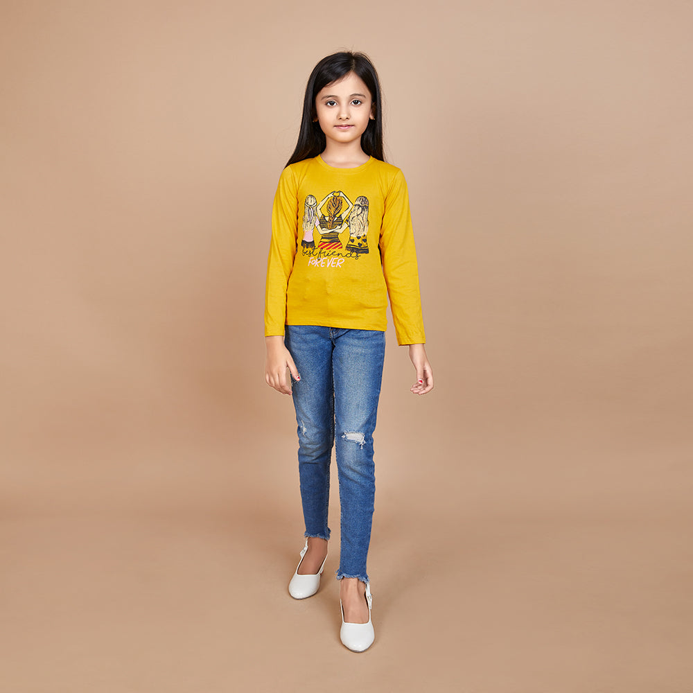 Girl's Solid Designer Print Yellow Full Sleeve T-Shirt