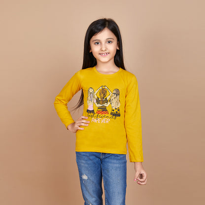 Girl's Solid Designer Print Yellow Full Sleeve T-Shirt