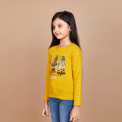 Girl's Solid Designer Print Yellow Full Sleeve T-Shirt