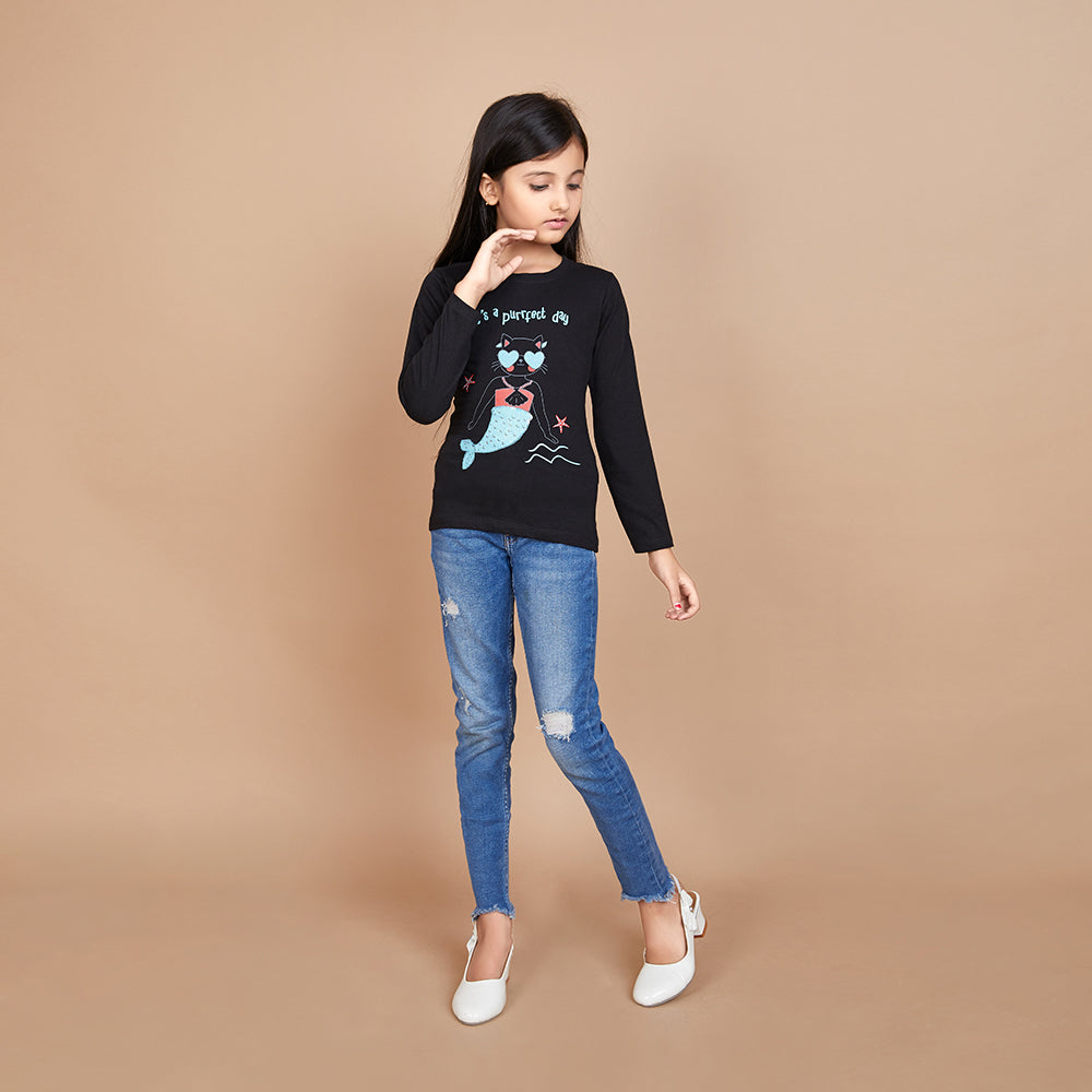 Girl's Solid Designer Print Black T-Shirt