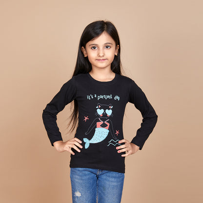 Girl's Solid Designer Print Black T-Shirt