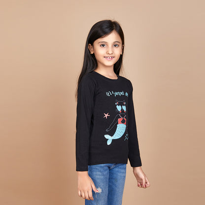 Girl's Solid Designer Print Black T-Shirt