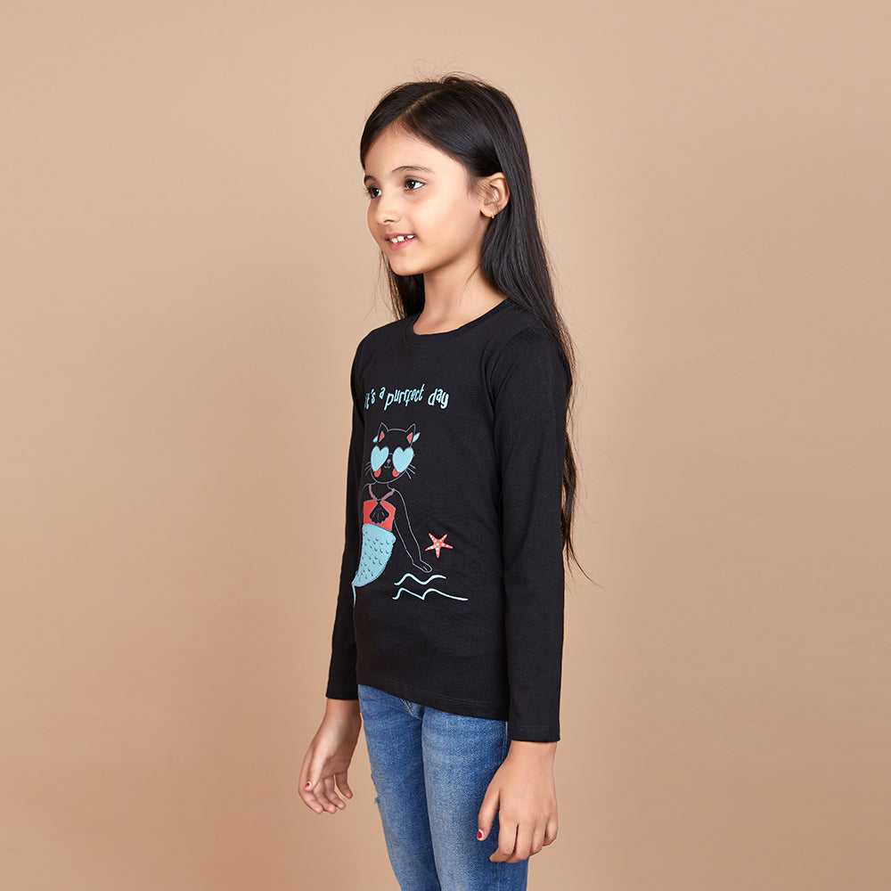 Girl's Solid Designer Print Black T-Shirt