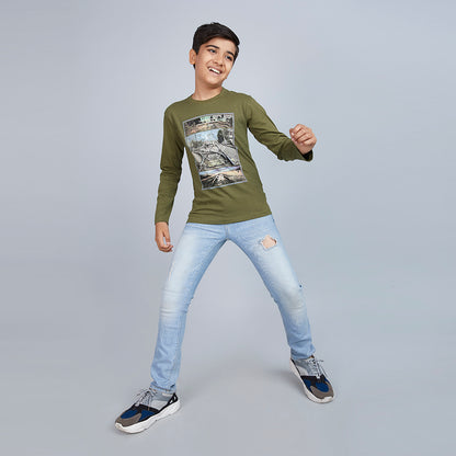 Boy's Green Graphic Print Crew Neck T-Shirt