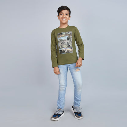 Boy's Green Graphic Print Crew Neck T-Shirt