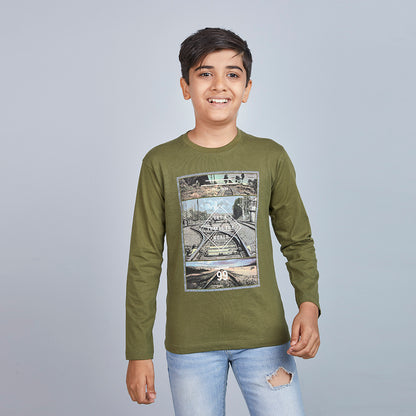 Boy's Green Graphic Print Crew Neck T-Shirt