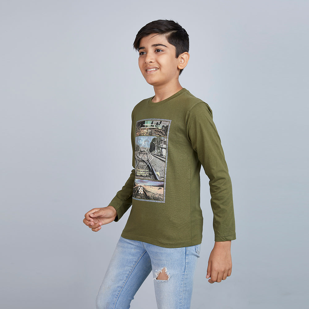 Boy's Green Graphic Print Crew Neck T-Shirt