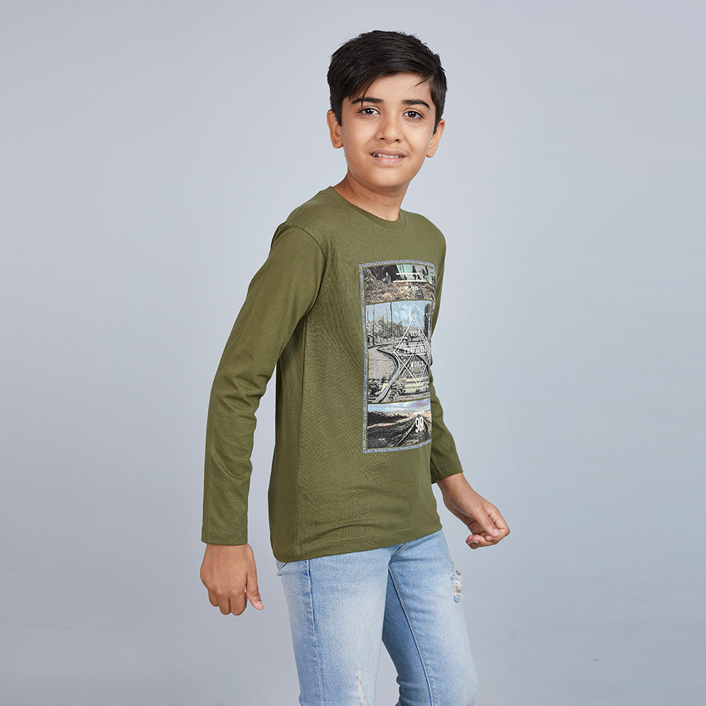 Boy's Green Graphic Print Crew Neck T-Shirt