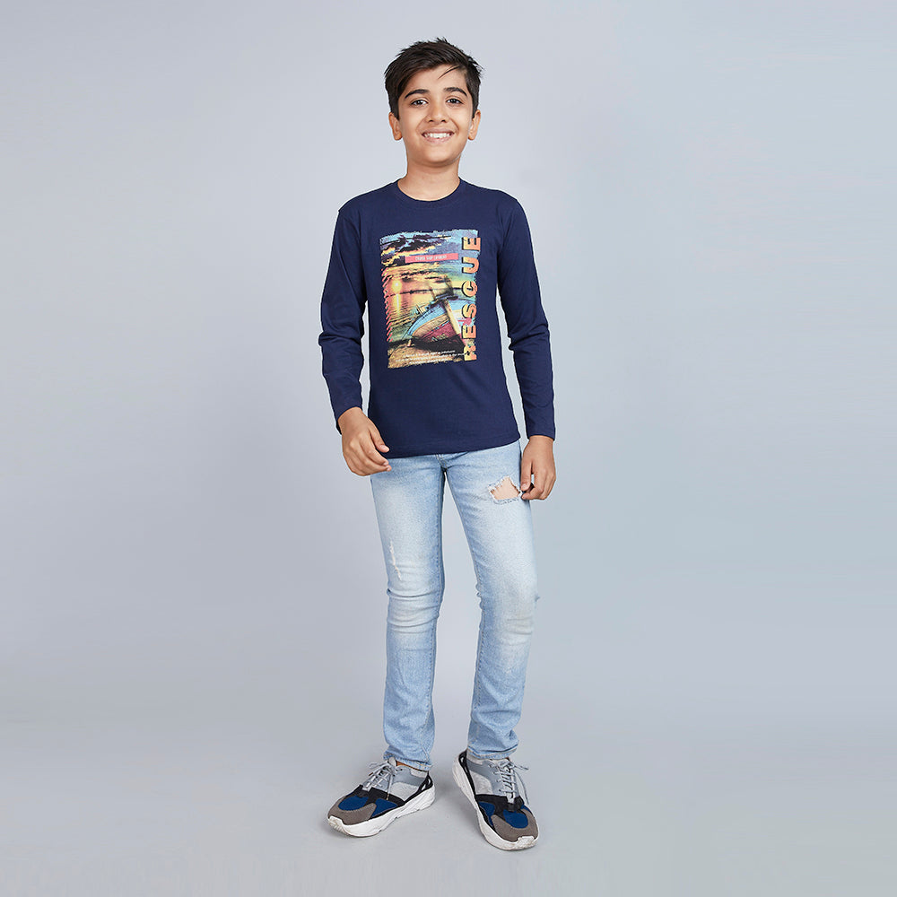 Boy's Blue Graphic Print Crew Neck T-Shirt