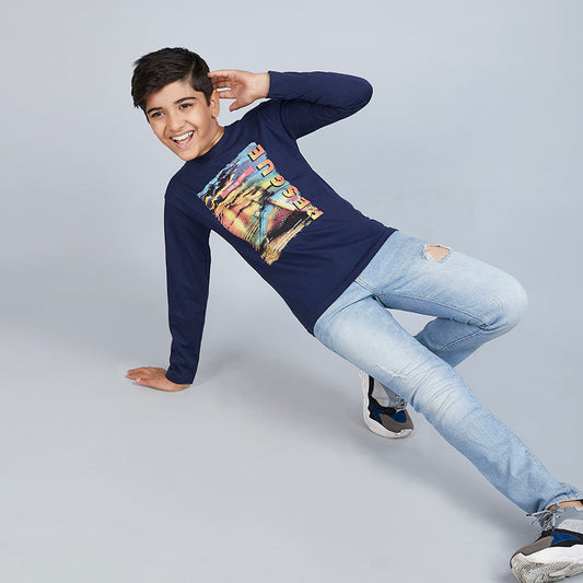 Boy's Blue Graphic Print Crew Neck T-Shirt