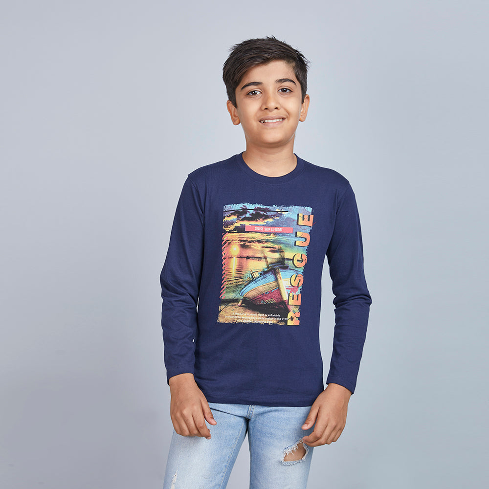 Boy's Blue Graphic Print Crew Neck T-Shirt