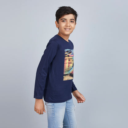 Boy's Blue Graphic Print Crew Neck T-Shirt