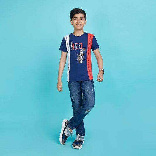 Boy's Tricolor Designer Typography Blue T-Shirt