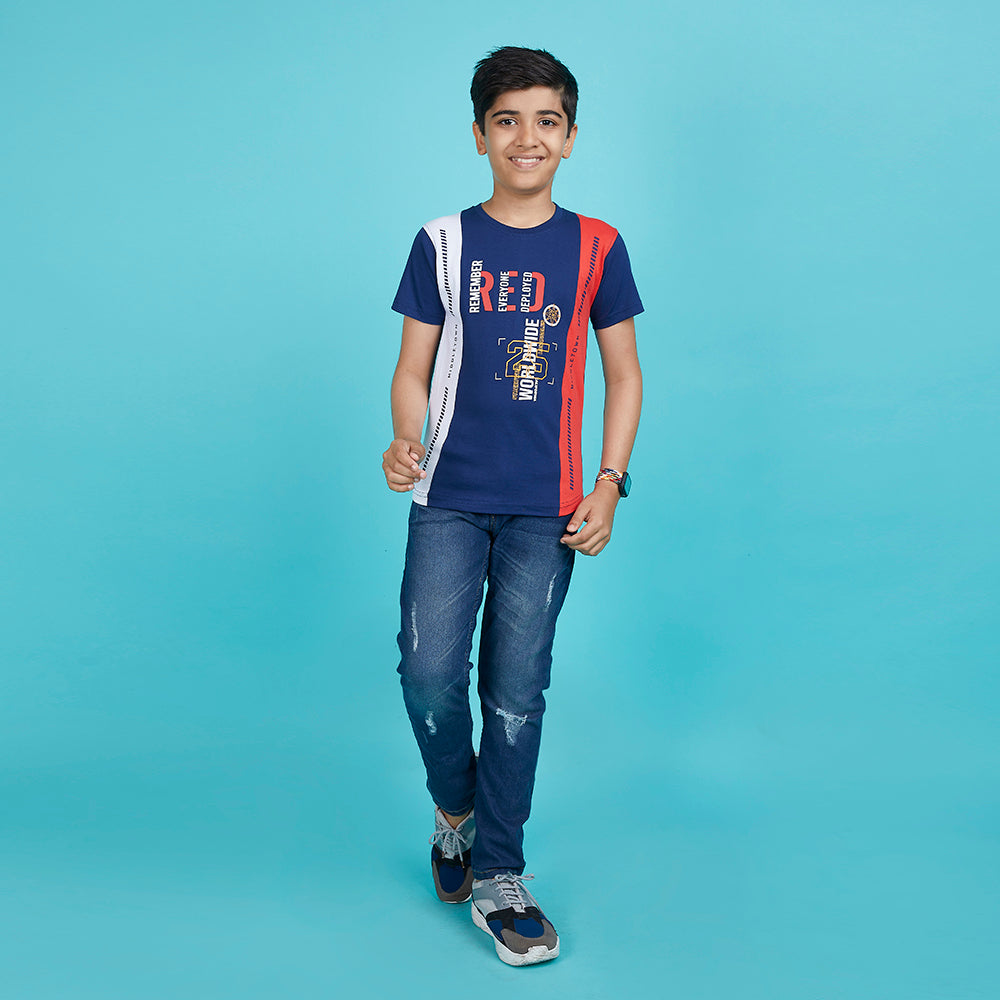 Boy's Tricolor Designer Typography Blue T-Shirt