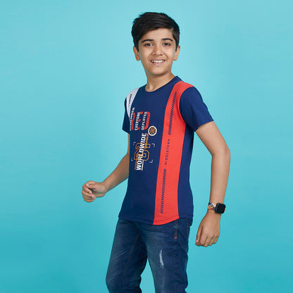 Boy's Tricolor Designer Typography Blue T-Shirt