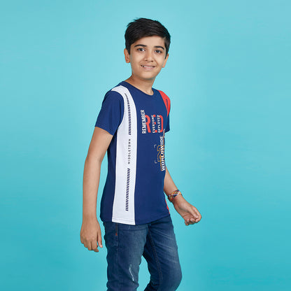 Boy's Tricolor Designer Typography Blue T-Shirt