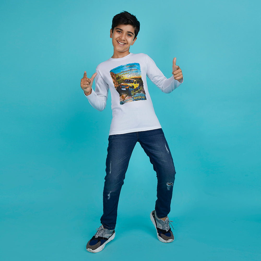 Boy's White Graphic Print Crew Neck T-Shirt