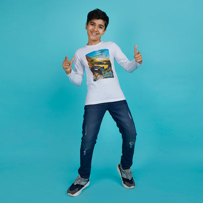 Boy's White Graphic Print Crew Neck T-Shirt