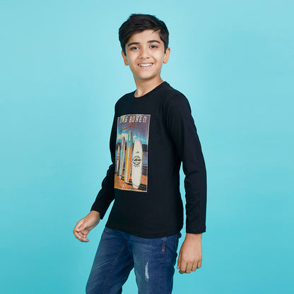 Boy's Black Graphic Print Crew Neck T-Shirt