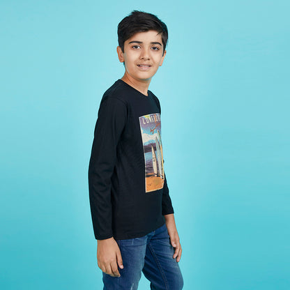 Boy's Black Graphic Print Crew Neck T-Shirt