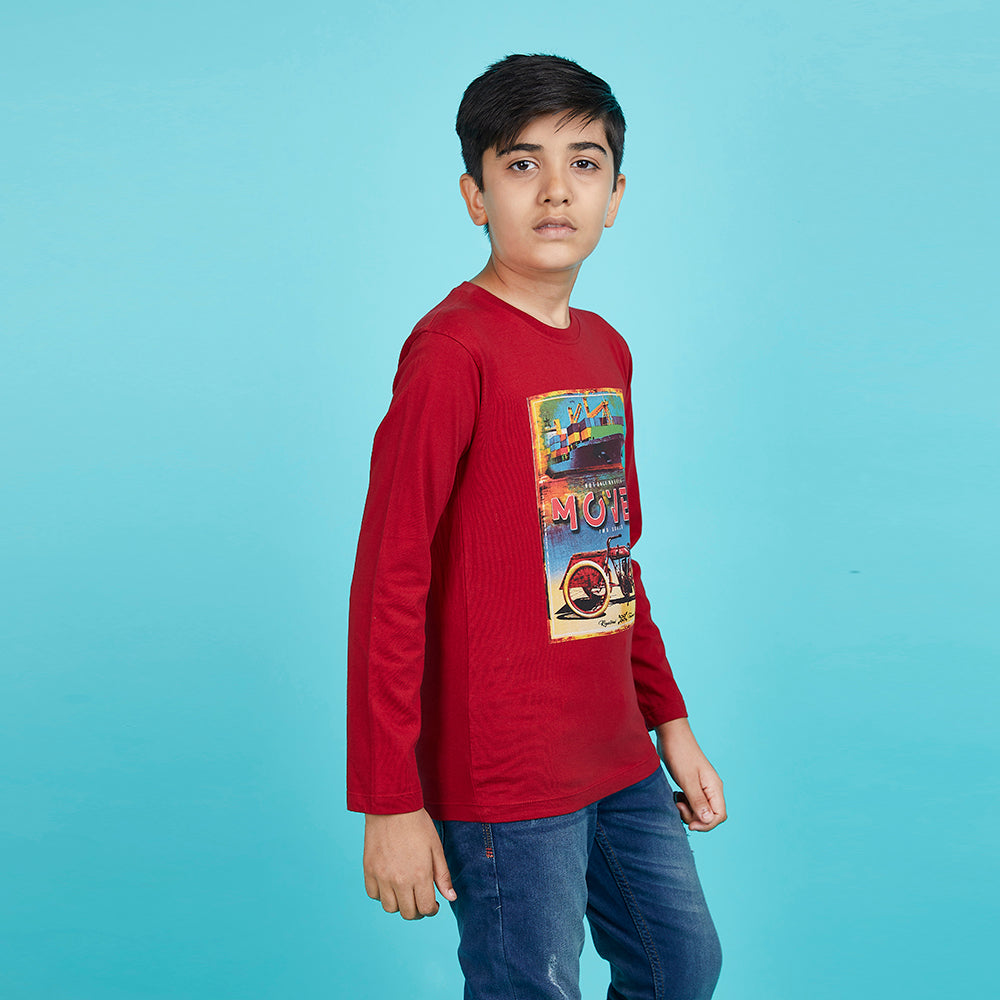 Boy's Red Graphic Print Crew Neck T-Shirt