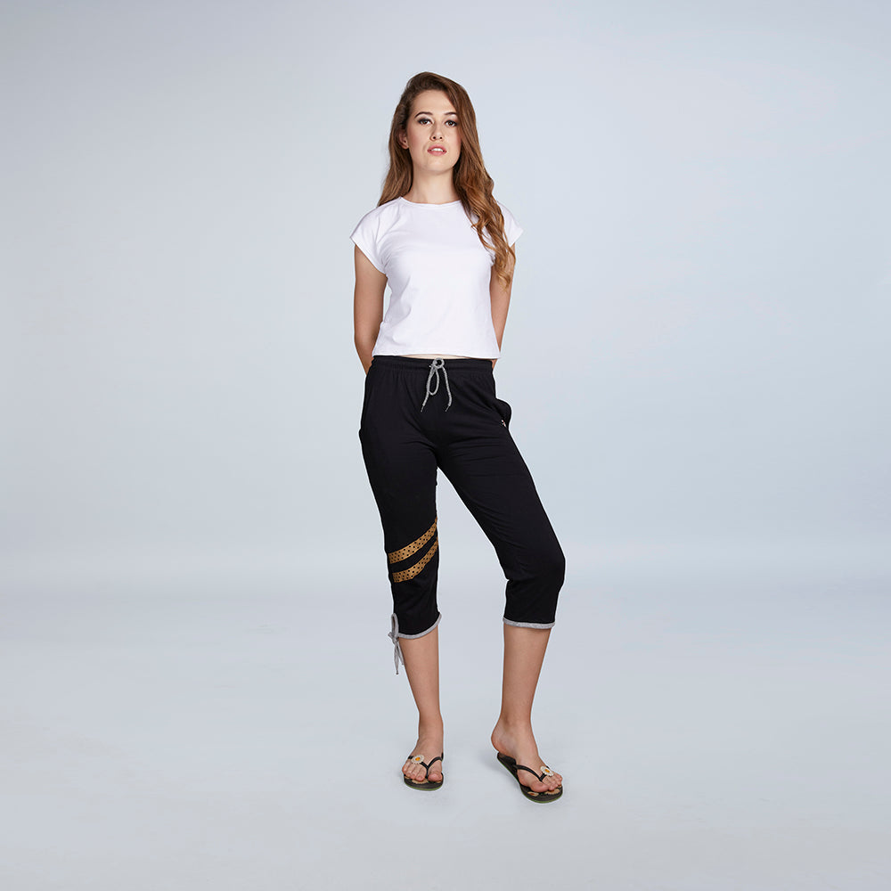 Women's Black Slit Striped Capri