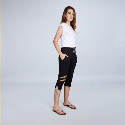 Women's Black Slit Striped Capri