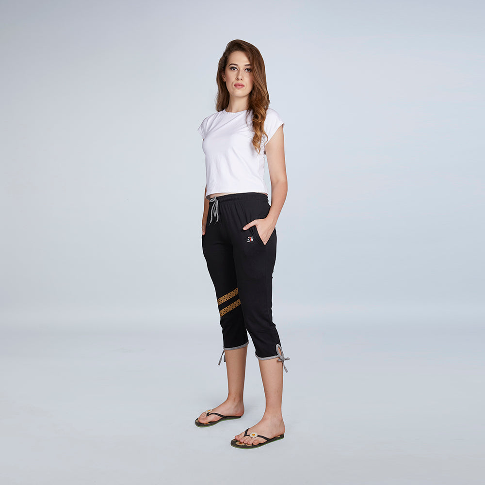 Women's Black Slit Striped Capri