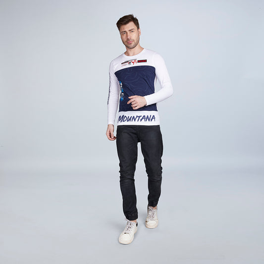 Men's Full Sleeve Casual Blue & White Designer T-Shirt