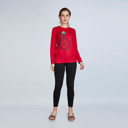 Women's Full Sleeve Round Neck Cycle Print Red T-Shirt