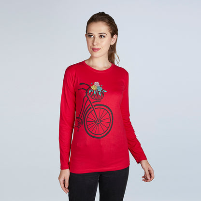 Women's Full Sleeve Round Neck Cycle Print Red T-Shirt