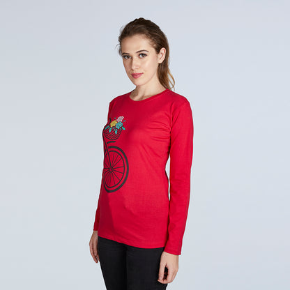 Women's Full Sleeve Round Neck Cycle Print Red T-Shirt